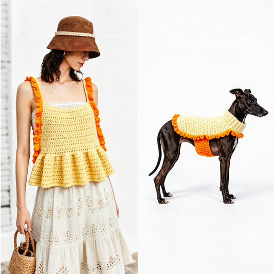 crochet matching vest DIY kit in Pale Yellow, lifestyle scene | mojioo